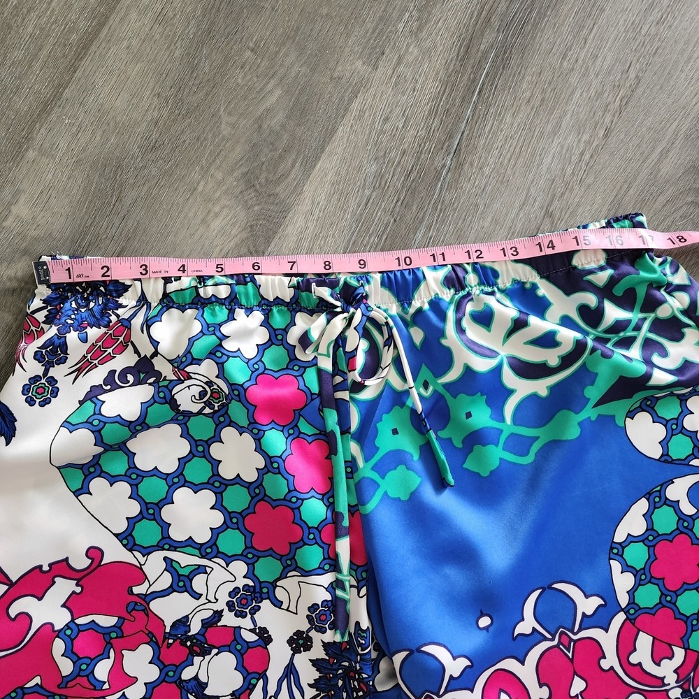 Natori Satin Pajama Set L Blue Pink Morrocan Tile Kimono Top Lounge Pants Resort - Picture 11 of 16